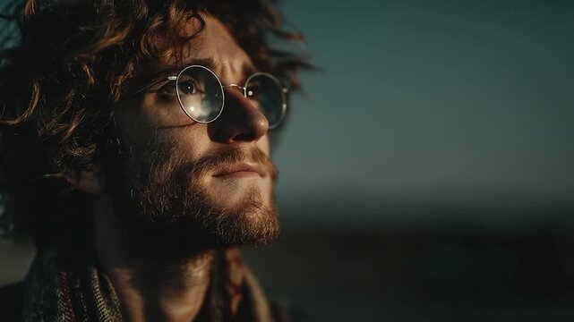 Visionary Gazes Skyward: A pensive individual with vintage spectacles and flowing hair contemplates the horizon, seeking inspiration and envisioning the future.
