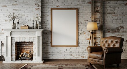 Cozy rustic living room interior with a blank wooden frame mockup above a fireplace and a comfortable leather armchair.
