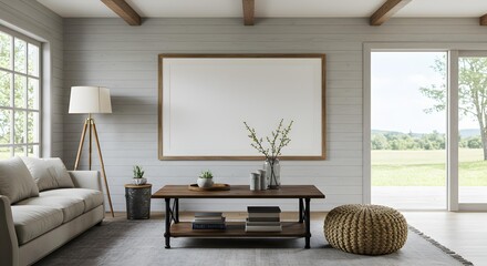 Minimalist living room interior with large horizontal blank frame mockup, comfortable sofa, coffee table, and expansive view of nature.