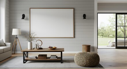 Contemporary minimalist living room interior with large horizontal blank frame mockup, comfortable sofa, coffee table, and patio access.
