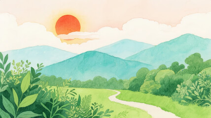 Obraz premium Summer Solstice Solar Term: Pastoral Scenery at Sunrise with Mountains, Healing Illustration Background
