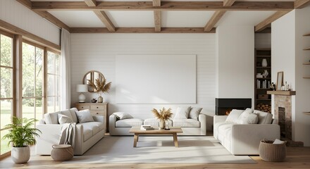 Spacious modern farmhouse living room with exposed wooden beams, multiple sofas, and a large blank horizontal canvas mockup.