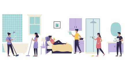 Fototapeta premium Daily household chores: diverse characters in a cozy home setting