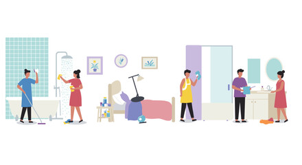 Fototapeta premium House cleaning team working together in modern home interior scene