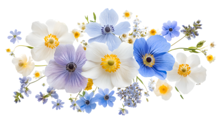 Stunning floral arrangement of delicate anemones and wildflowers in vibrant blue, purple, and white hues, Isolated on white background
