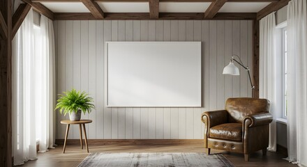 Rustic chic living room with exposed wooden beams, a comfortable armchair, and a blank horizontal framed poster mockup.
