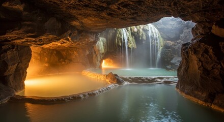Natural hot spring with steaming water inside a dark rock cave, illuminated by light from outside. Outdoor travel destination.