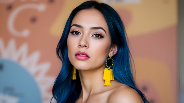a woman with blue hair and yellow earrings