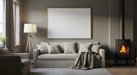 Cozy living room interior with a wood burning stove, comfortable sofa, and a blank horizontal framed poster mockup on a dark wall.