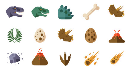 Obraz premium Dinosaur icons set featuring eggs, fossils, and volcanic eruptions in flat design