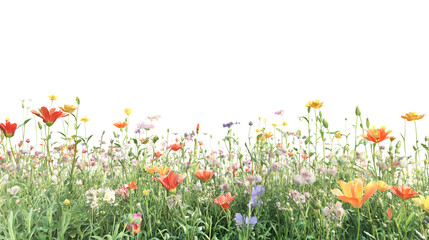 Vibrant wildflower meadow bursting with colorful blooms and lush green stems, perfect for spring and summer themes, Isolated on white background
