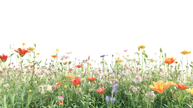 Vibrant wildflower meadow bursting with colorful blooms and lush green stems, perfect for spring and summer themes, Isolated on white background