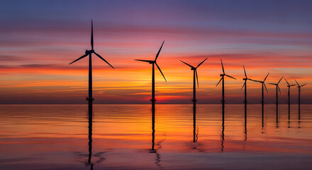 Row of offshore wind turbines silhouetted against a vibrant sunset over the ocean