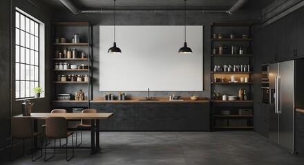 Dark industrial style kitchen and dining area with concrete walls and a large blank screen mockup.