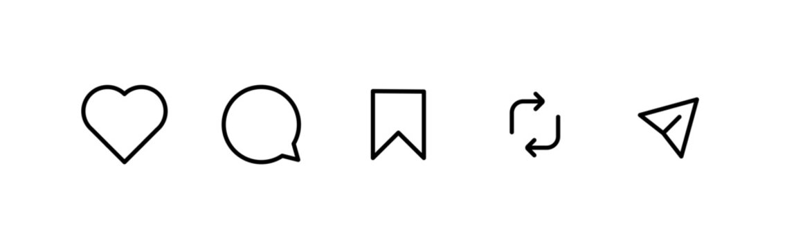 Social media icons set, heart like symbol, chat message bubble, bookmark save button, refresh repost arrow, paper plane send message, Vector illustration