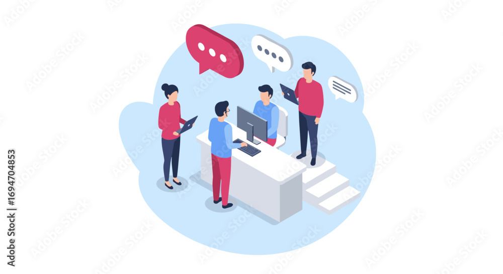 Poster office team collaboration in isometric design with speech bubbles