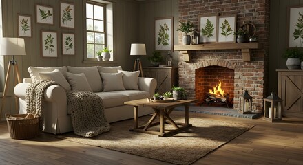 Modern Farmhouse Living Room with Exposed Brick Fireplace and Botanical Art