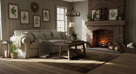 Inviting Farmhouse Living Room with Brick Fireplace, White Couch, and Rustic Decor