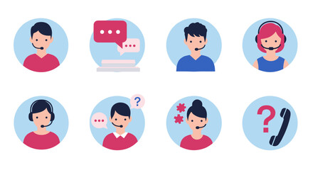Fototapeta premium Customer support icons with headsets and chat bubbles in modern flat design