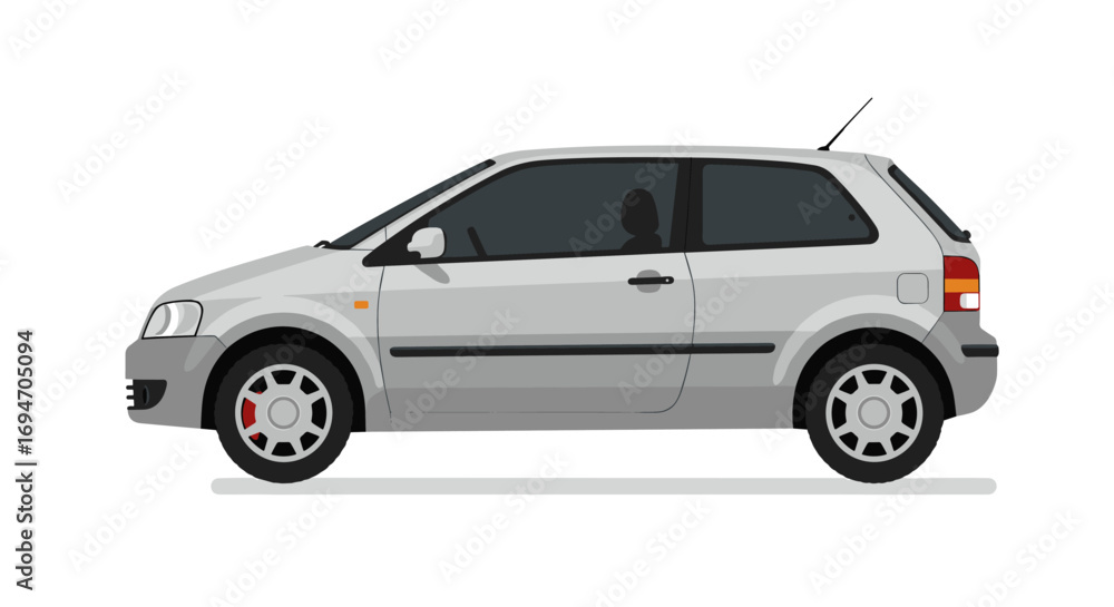 Poster compact hatchback car side view in minimalist style with white background