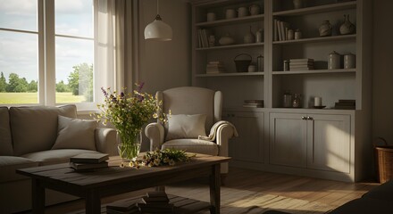 Clean and Serene Minimalist Living Room with White Sofa, Flowers, and Bookshelf