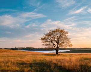 Fototapeta premium Tranquil autumnal landscape at sunset