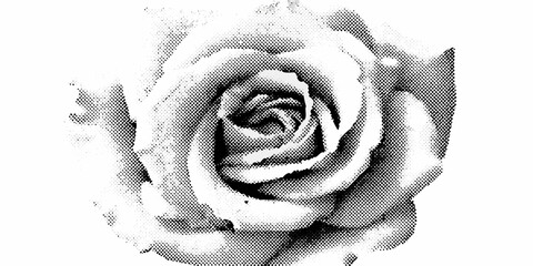 Close up of a black and white rose with a halftone dot pattern texture