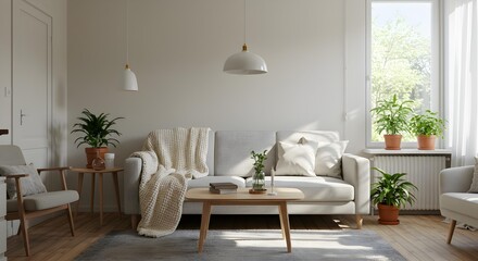 Modern minimalist living room featuring a cozy white sofa, numerous potted plants, and clean decor bathed in natural light.