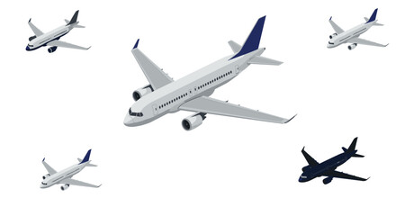 Airplanes in flight on white background with multi-angle perspective