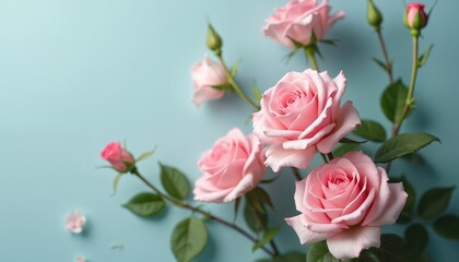 Close-up of delicate pink roses with green leaves against soft blue background. Image features minimalist design with floral accents, perfect for International Women Day spring-themed greetings,