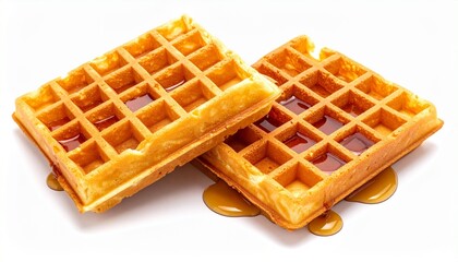Golden crispy waffles with syrup topping sweet breakfast bakery food isolated on white background
