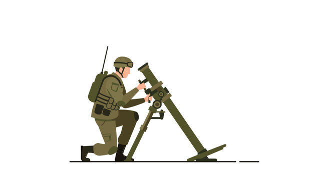 soldier operating mortar, green uniform, white background clip art preview
