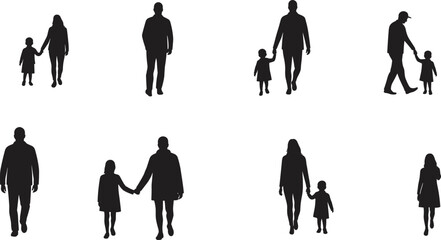 Adult and Child Silhouettes in Varied Walking and Standing Poses on White Background for Family, Education, and Design Content