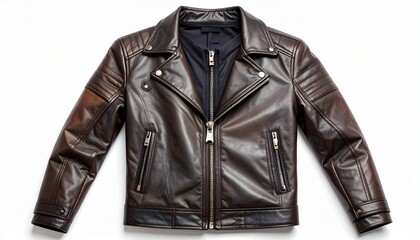 Stylish men leather jacket with zipper closure fashionable premium outerwear isolated on white background
