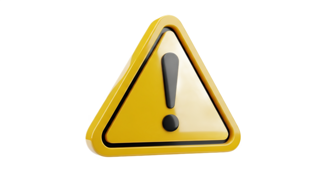 Yellow 3D Warning Triangle Sign on Transparent Background