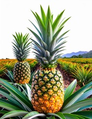 Obraz premium Two Fresh Pineapples Growing in a Tropical Plantation Landscape on Sunny Day