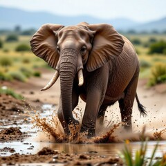 Majestic Elephant Playing in a Serene Waterhole Environment