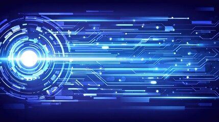 A futuristic digital design with vibrant blue lines and circular elements, symbolizing technology and data flow.