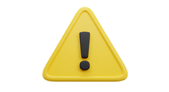 Yellow 3D Warning Triangle Sign on Transparent Background