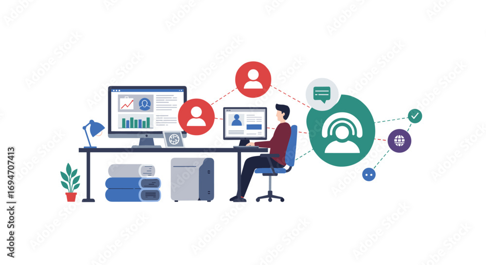 Poster business analytics and networking concept with office worker and digital connections