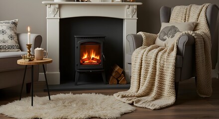 Inviting cozy living room featuring a lit electric fireplace, traditional wood stove, armchair, and sheepskin rug.