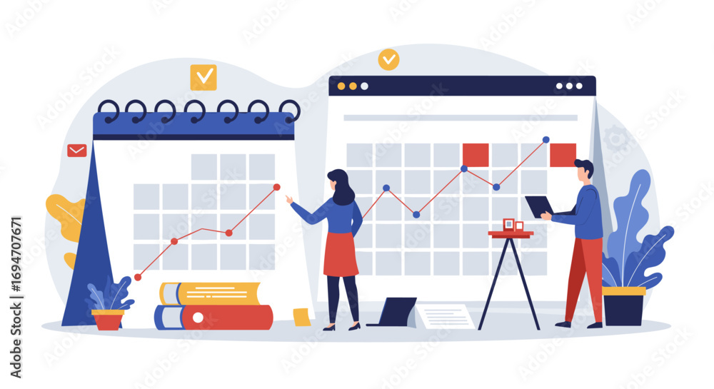 Poster business growth analysis with interactive data charts and calendars