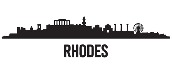 Obraz premium Rhodes skyline horizontal banner. Black and white silhouette of Rhodes, Greece. Vector black silhouette. with white background