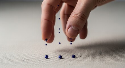 Delicate distribution of small blue spheres by a precise hand, a minimalist aesthetic, creates a