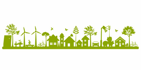 Green eco friendly village silhouette with houses trees wind turbines and people enjoying nature © Kopil
