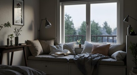 Fototapeta premium Inviting window seat filled with soft cushions and blankets, offering a cozy spot for reading with a rainy view.