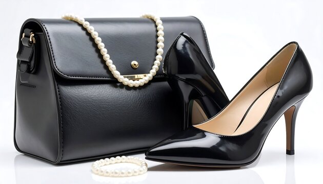 Black leather handbag and high heels with pearl accents, elegant and stylish accessories displayed on a white background.