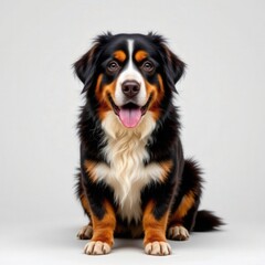 Playful Bernese Mountain Dog Sitting on Light Gray Background