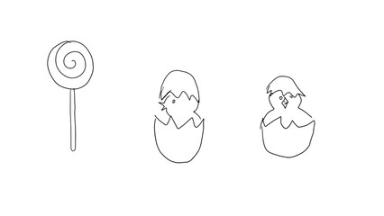 Pencil drawing of a chick in a shell, in profile and full face. on a transparent background. Concept of birth, Easter.