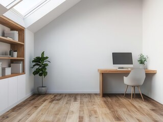 Minimalist home office with skylight and builtin storage